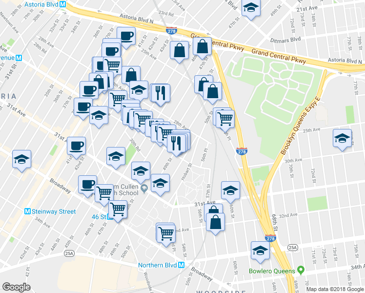 map of restaurants, bars, coffee shops, grocery stores, and more near 28-28 50th Street in Queens