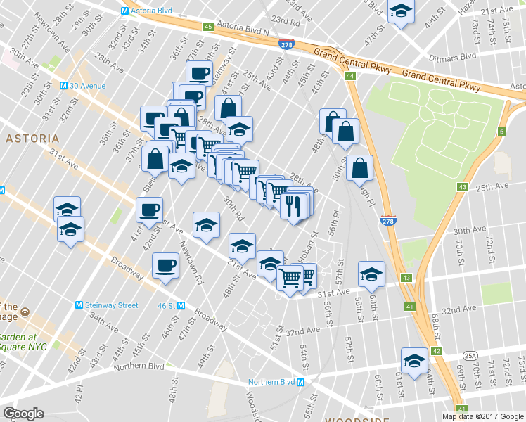 map of restaurants, bars, coffee shops, grocery stores, and more near in Queens