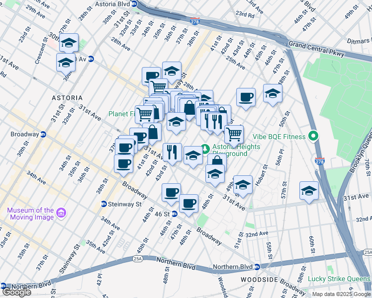 map of restaurants, bars, coffee shops, grocery stores, and more near 30-49 44th Street in Queens