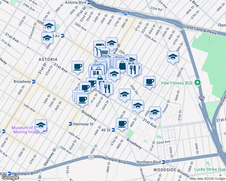 map of restaurants, bars, coffee shops, grocery stores, and more near 30-71 43rd Street in Queens