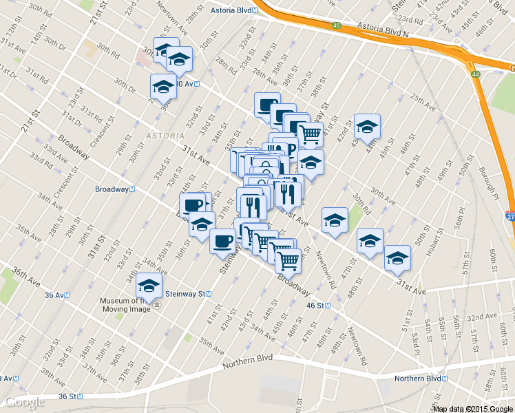 map of restaurants, bars, coffee shops, grocery stores, and more near 3101 Steinway Street in Queens