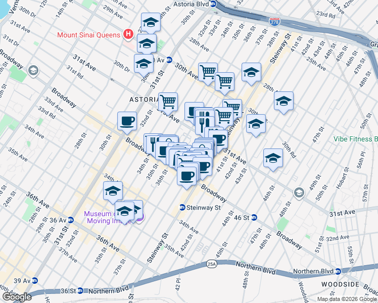 map of restaurants, bars, coffee shops, grocery stores, and more near 31-48 37th Street in Queens