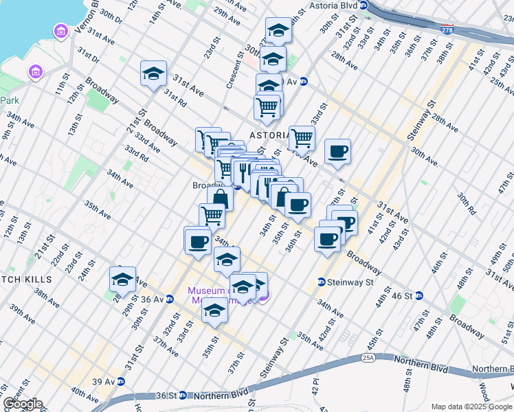 map of restaurants, bars, coffee shops, grocery stores, and more near 32-14 33rd Street in Queens