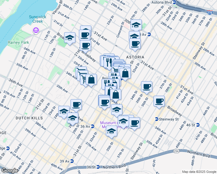 map of restaurants, bars, coffee shops, grocery stores, and more near 32-58 30th Street in Queens