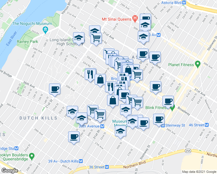 map of restaurants, bars, coffee shops, grocery stores, and more near in Queens