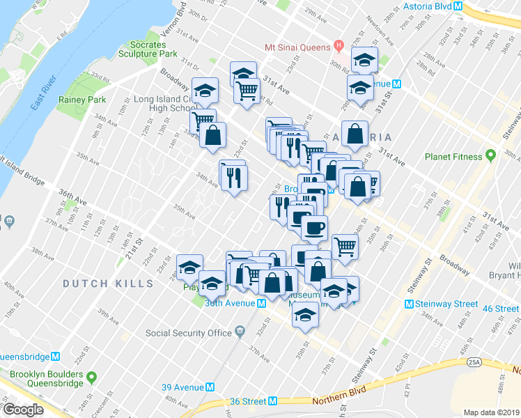 map of restaurants, bars, coffee shops, grocery stores, and more near in Queens
