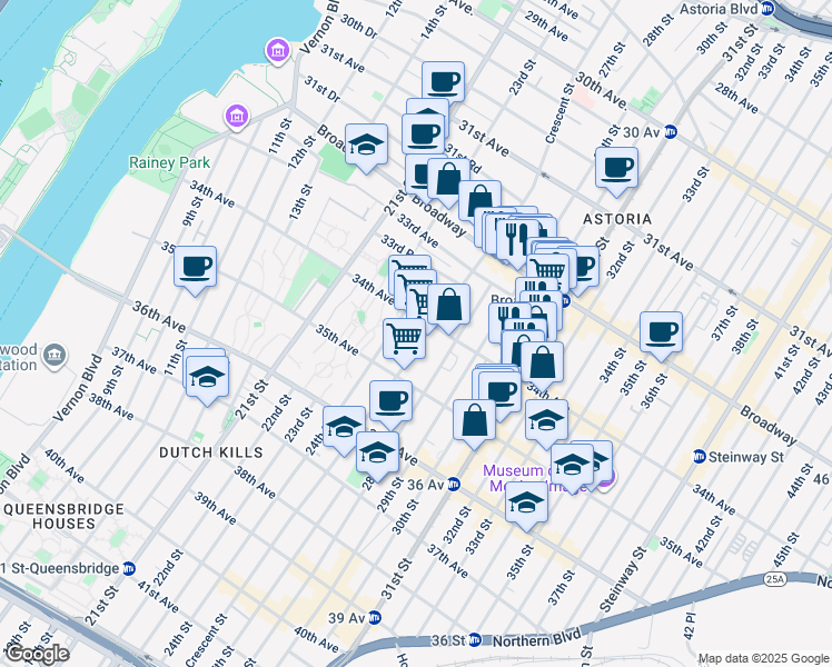 map of restaurants, bars, coffee shops, grocery stores, and more near 33-52 Crescent Street in Queens