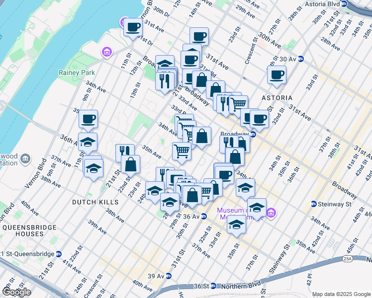 map of restaurants, bars, coffee shops, grocery stores, and more near 34-25 24th Street in Queens