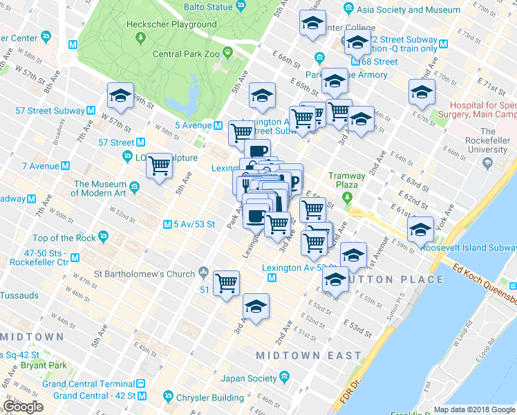 map of restaurants, bars, coffee shops, grocery stores, and more near 445 Park Avenue in New York