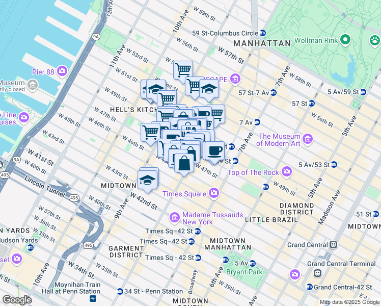 map of restaurants, bars, coffee shops, grocery stores, and more near 302 West 47th Street in New York