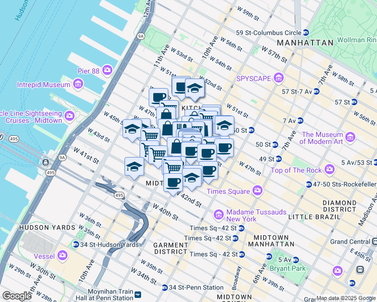 map of restaurants, bars, coffee shops, grocery stores, and more near 421 West 45th Street in New York