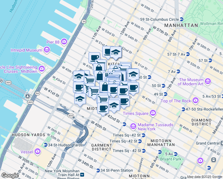 map of restaurants, bars, coffee shops, grocery stores, and more near 421 West 45th Street in New York