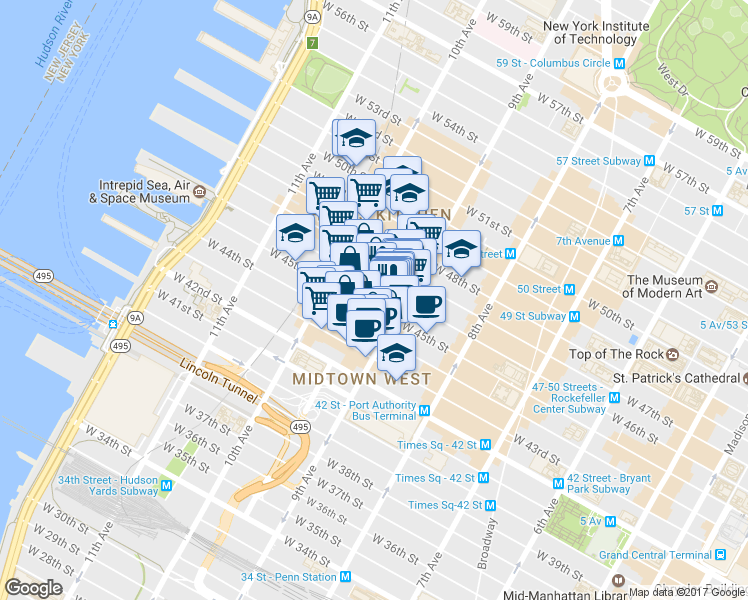 map of restaurants, bars, coffee shops, grocery stores, and more near 421 West 45th Street in New York