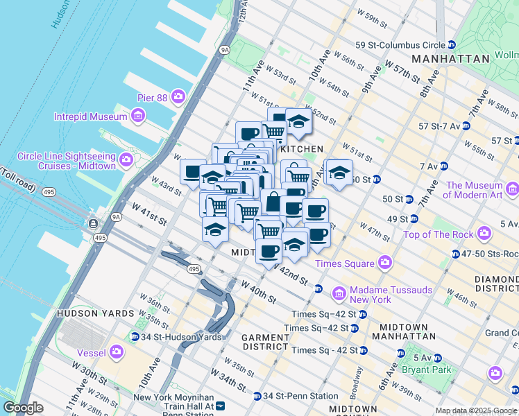map of restaurants, bars, coffee shops, grocery stores, and more near in New York