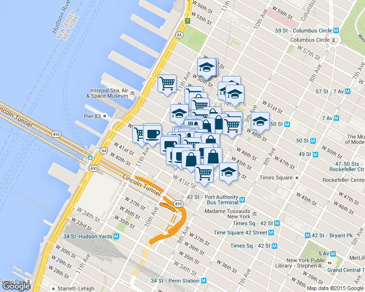 map of restaurants, bars, coffee shops, grocery stores, and more near 500 West 43rd Street in New York