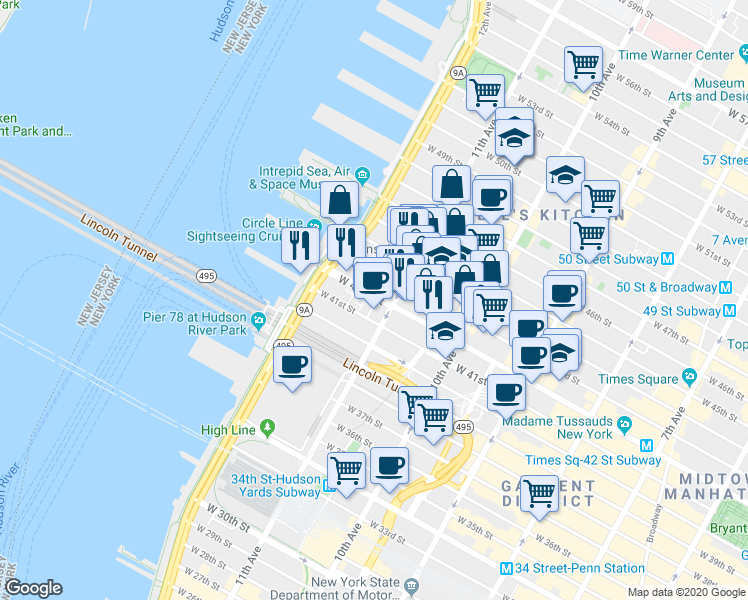 map of restaurants, bars, coffee shops, grocery stores, and more near 620 West 42nd Street in New York