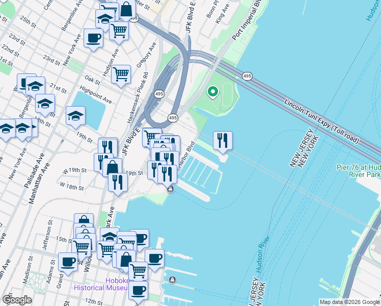 map of restaurants, bars, coffee shops, grocery stores, and more near 1500 Harbor Boulevard in Weehawken