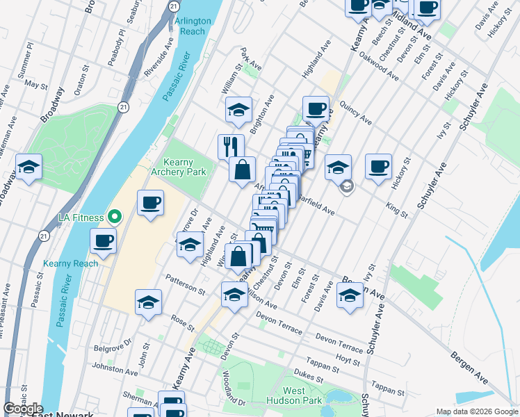 map of restaurants, bars, coffee shops, grocery stores, and more near 92 Windsor Street in Kearny