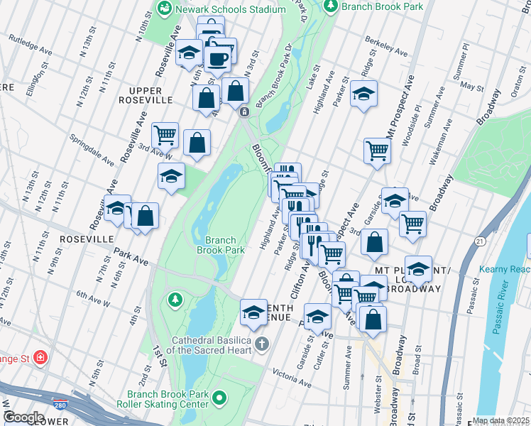 map of restaurants, bars, coffee shops, grocery stores, and more near 136 Highland Avenue in Newark