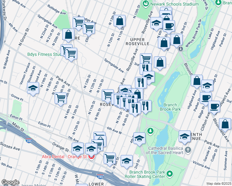 map of restaurants, bars, coffee shops, grocery stores, and more near 279 Roseville Avenue in Newark