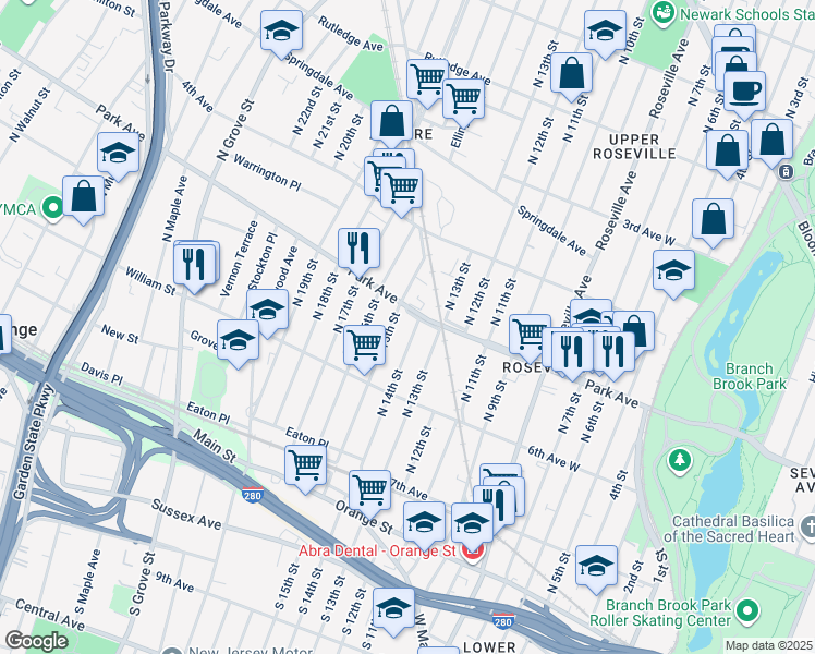map of restaurants, bars, coffee shops, grocery stores, and more near 163 North 14th Street in East Orange