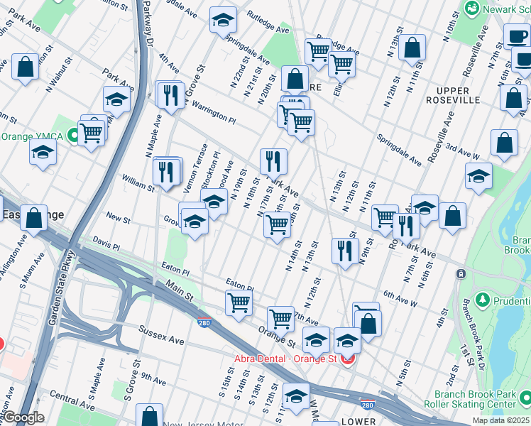 map of restaurants, bars, coffee shops, grocery stores, and more near 93 North 16th Street in East Orange