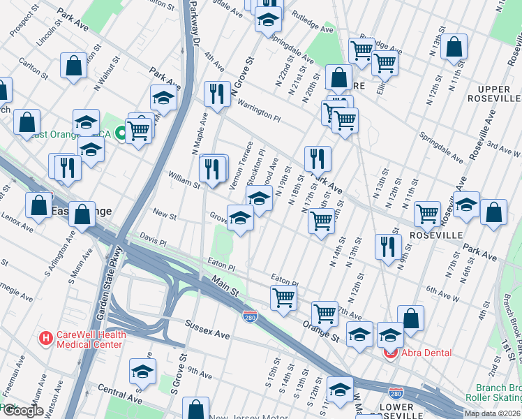 map of restaurants, bars, coffee shops, grocery stores, and more near 136 William Street in East Orange