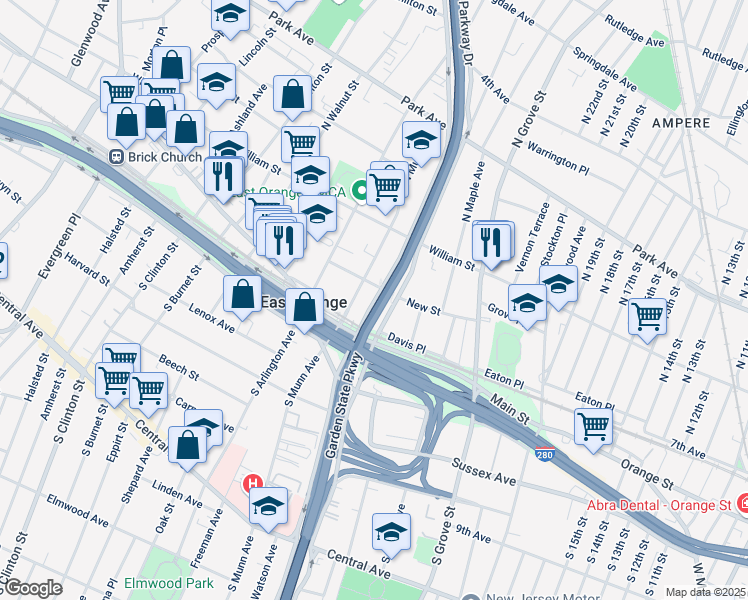 map of restaurants, bars, coffee shops, grocery stores, and more near 107 New Street in East Orange