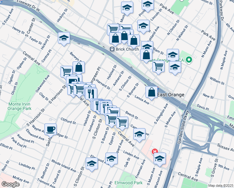 map of restaurants, bars, coffee shops, grocery stores, and more near 5 Harvard Street in East Orange
