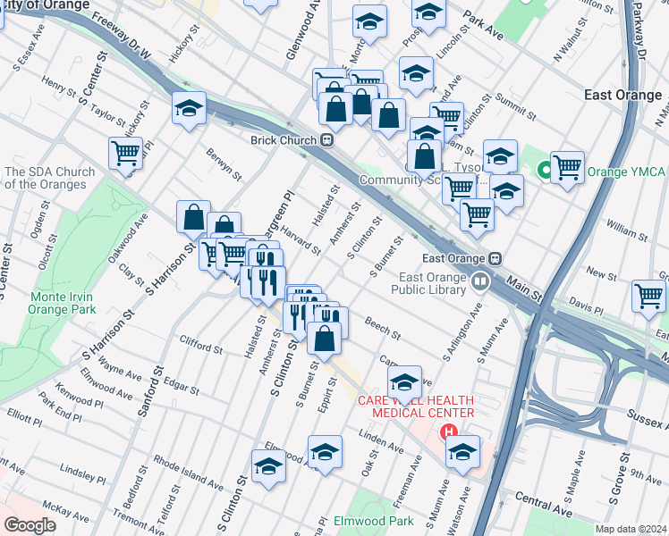 map of restaurants, bars, coffee shops, grocery stores, and more near 5 Harvard Street in East Orange