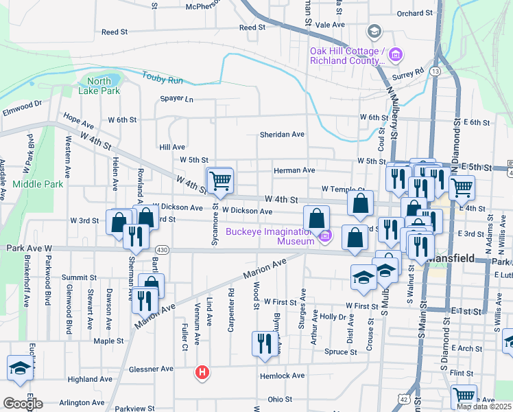 map of restaurants, bars, coffee shops, grocery stores, and more near 275 West 4th Street in Mansfield