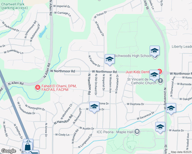 map of restaurants, bars, coffee shops, grocery stores, and more near 6004 North Old Orchard Drive in Peoria