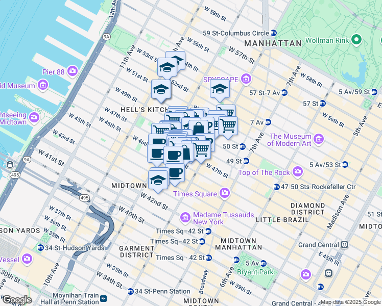 map of restaurants, bars, coffee shops, grocery stores, and more near 343 West 47th Street in New York