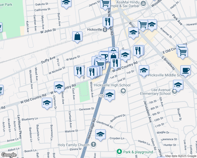 map of restaurants, bars, coffee shops, grocery stores, and more near 247 West Old Country Road in Hicksville