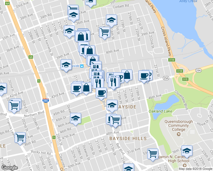 map of restaurants, bars, coffee shops, grocery stores, and more near 43-21 214th Place in Queens
