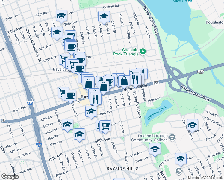 map of restaurants, bars, coffee shops, grocery stores, and more near 216-01 Northern Boulevard in Queens