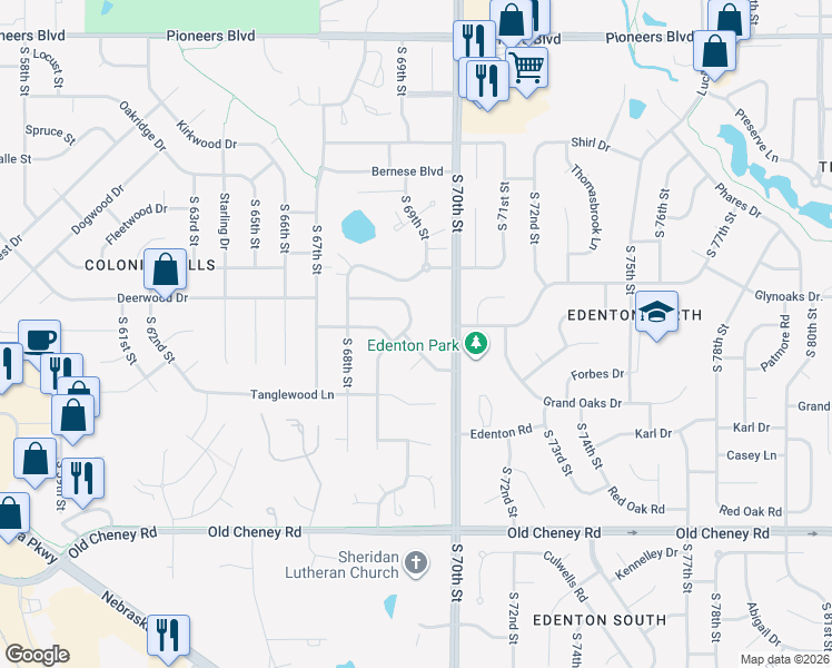 map of restaurants, bars, coffee shops, grocery stores, and more near 6900 Antler Drive in Lincoln