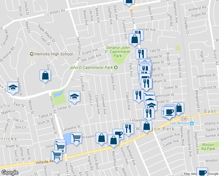 map of restaurants, bars, coffee shops, grocery stores, and more near 223 Cushing Avenue in Williston Park