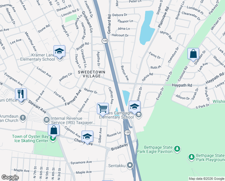 map of restaurants, bars, coffee shops, grocery stores, and more near 88 Caffrey Avenue in Bethpage