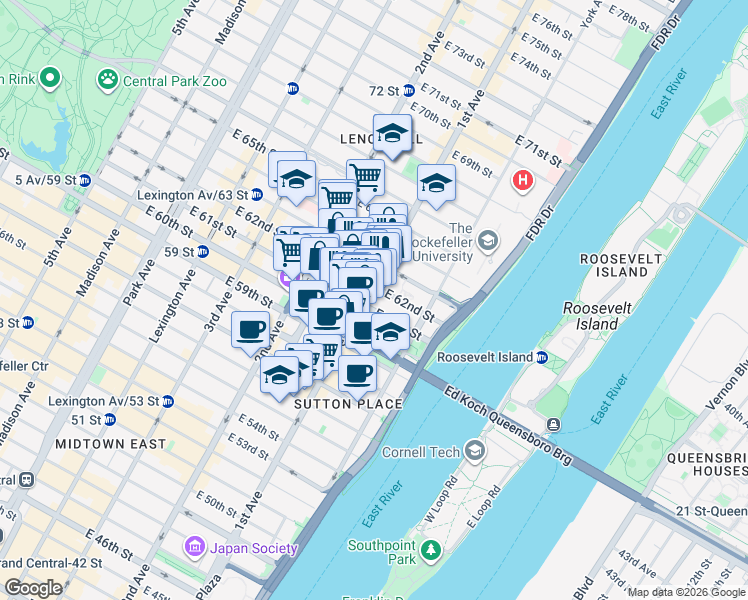 map of restaurants, bars, coffee shops, grocery stores, and more near 1118 1st Avenue in New York