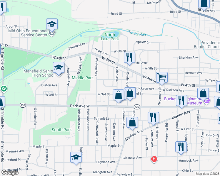 map of restaurants, bars, coffee shops, grocery stores, and more near 565 Garfield Place in Mansfield