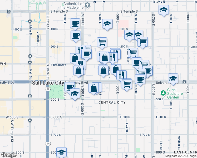 map of restaurants, bars, coffee shops, grocery stores, and more near 380 South 400 East in Salt Lake City