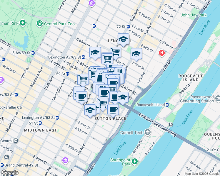 map of restaurants, bars, coffee shops, grocery stores, and more near 338 East 61st Street in New York