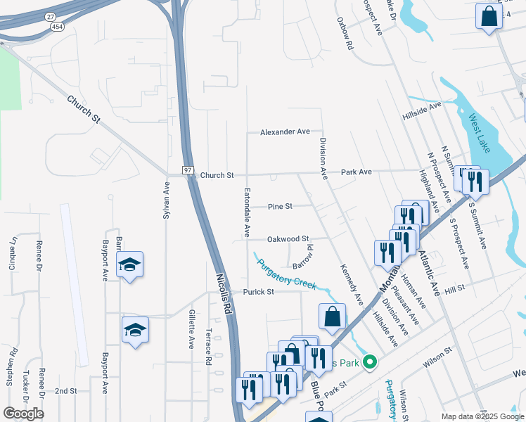 map of restaurants, bars, coffee shops, grocery stores, and more near 44 Pine Street in Blue Point