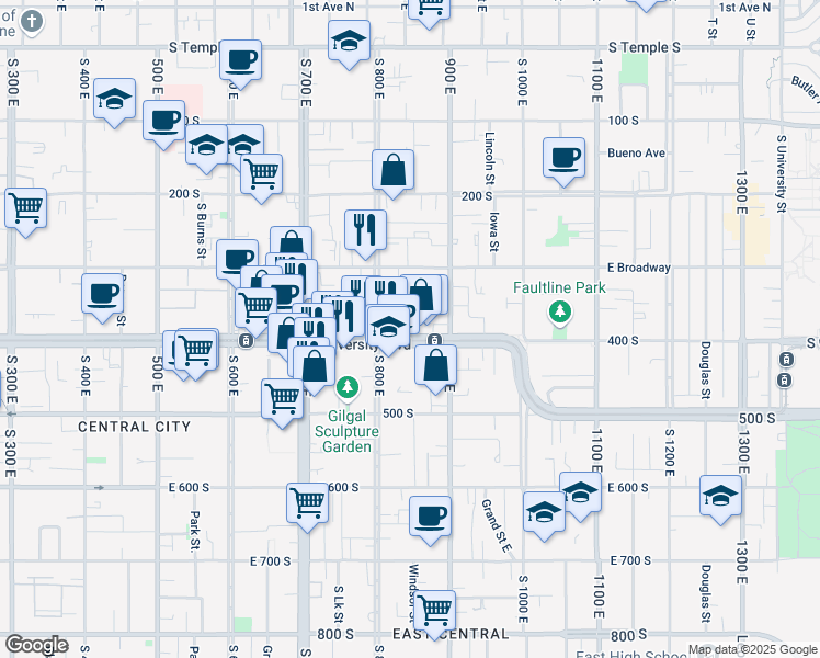 map of restaurants, bars, coffee shops, grocery stores, and more near 837 East 400 South in Salt Lake City