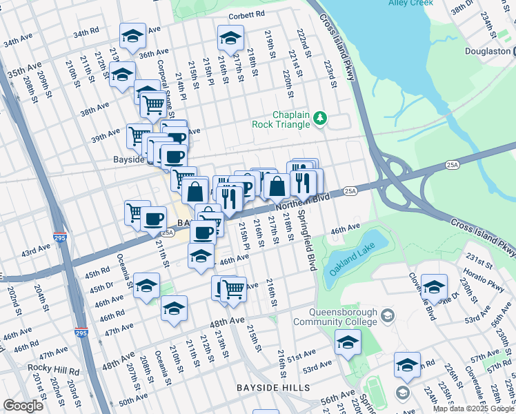 map of restaurants, bars, coffee shops, grocery stores, and more near 216-01 Northern Boulevard in Queens