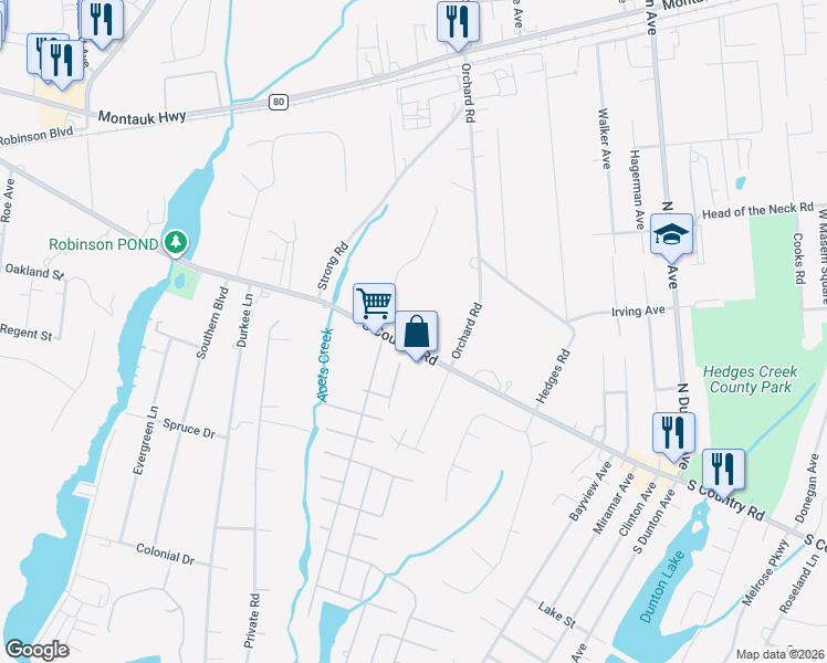 map of restaurants, bars, coffee shops, grocery stores, and more near 441 South Country Road in East Patchogue