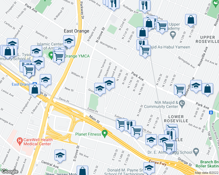 map of restaurants, bars, coffee shops, grocery stores, and more near 136 William Street in East Orange