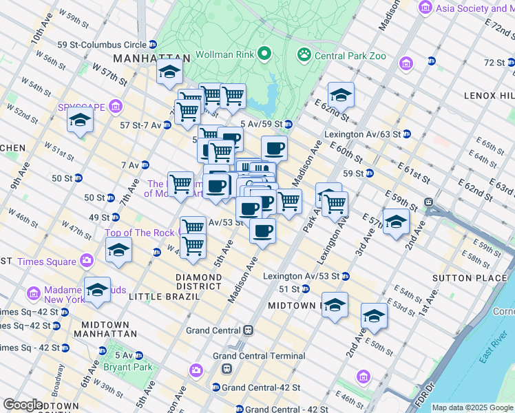 map of restaurants, bars, coffee shops, grocery stores, and more near 689 5th Avenue in New York