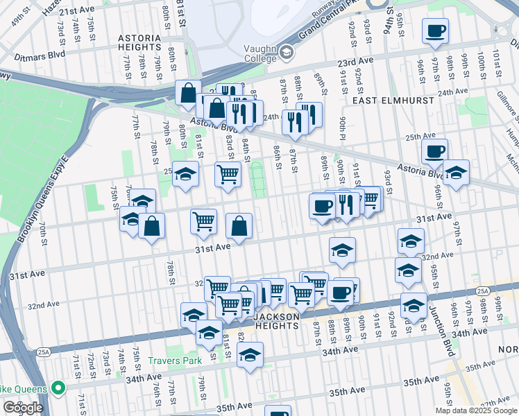 map of restaurants, bars, coffee shops, grocery stores, and more near 30-11 84th Street in Queens